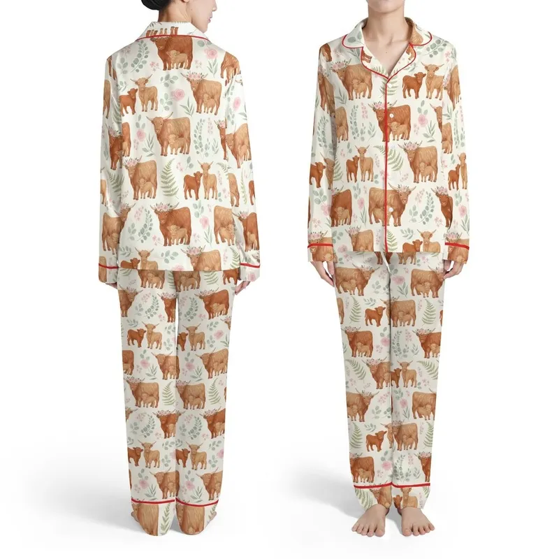 Highland Cow Lover's Whimsical Floral Pattern with Sage Eucalyptus & Blush Roses Satin Pajamas Set - 1