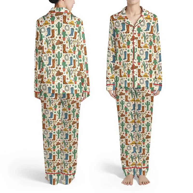 Western Desert Cowboy Boots Hats Cacti Horseshoes Sheriff Badge Ropes Stars Print Satin Pajamas Set - 1