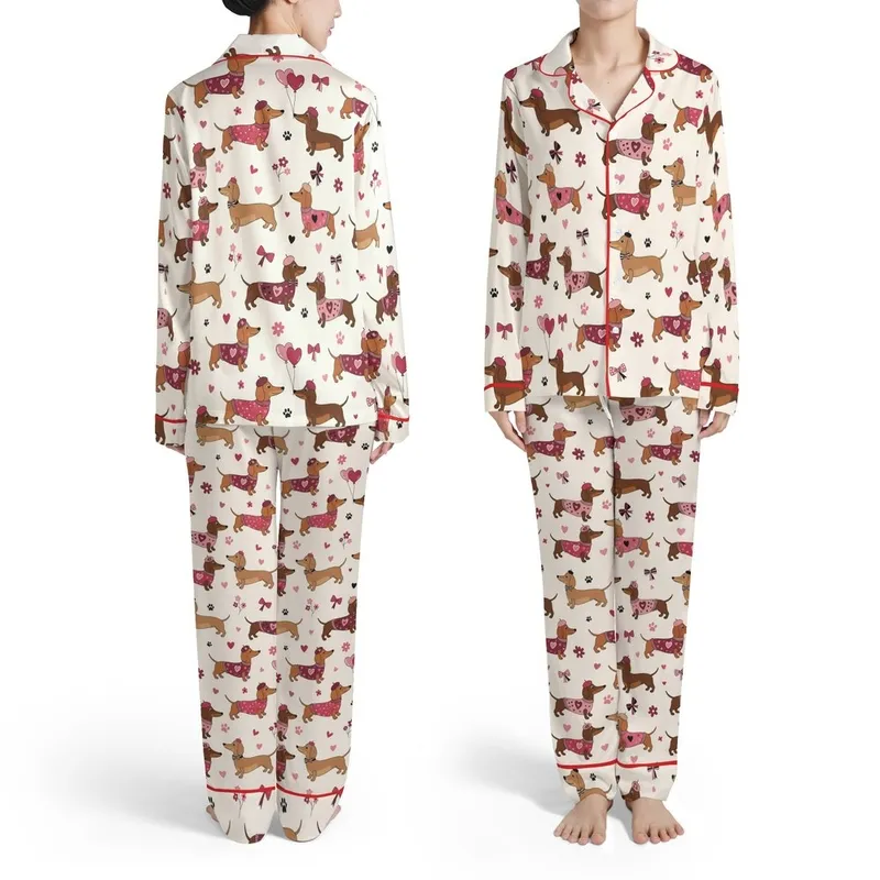 Dachshunds All-Over Print: Tan Chocolate Reddish-Brown Dogs, Hearts Flowers Bows Berets Satin Pajamas Set - 1