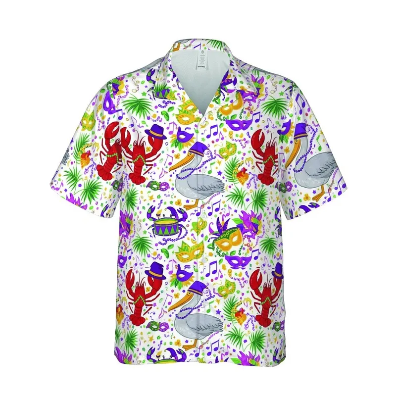 Red Lobster Pelican Crab Mardi Gras Hats Beads Drums Music Notes Seamless Pattern Short-sleeve Hawaiian Shirt - 1