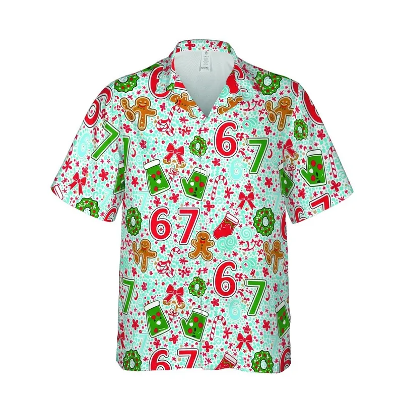 Hawaiian Pattern Christmas '67' Gingerbread Man Candy Cane Red Green Oven Mitts Wreaths Short-sleeve Hawaiian Shirt - 1