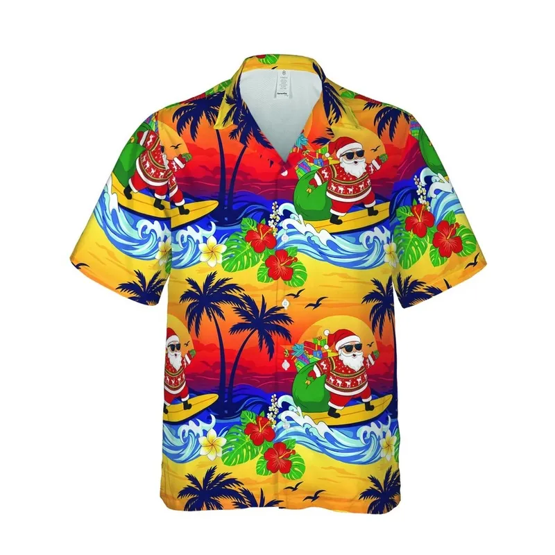 Santa Claus Surfboard Hawaiian Ugly Sweater Ocean Waves Tropical Sunset Sky Pattern Short-sleeve Hawaiian Shirt - 1
