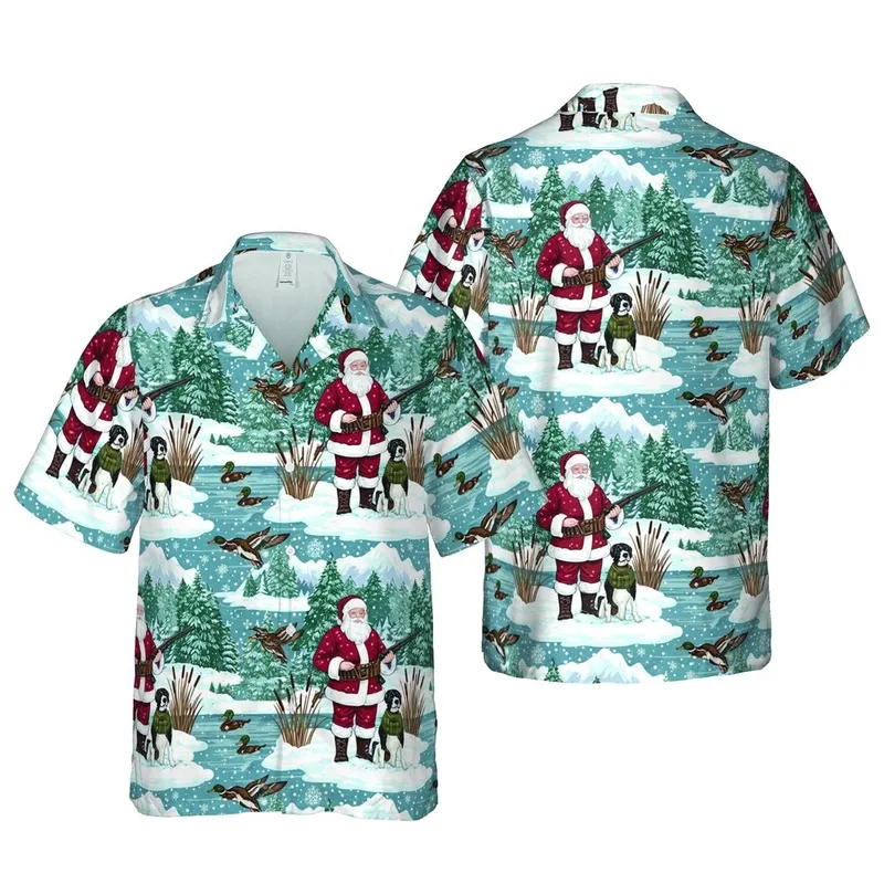 Santa Hunter Dog Winter Hawaiian Pattern: Snowy Ducks, Lake & Cattails Design Short-sleeve Hawaiian Shirt - 1