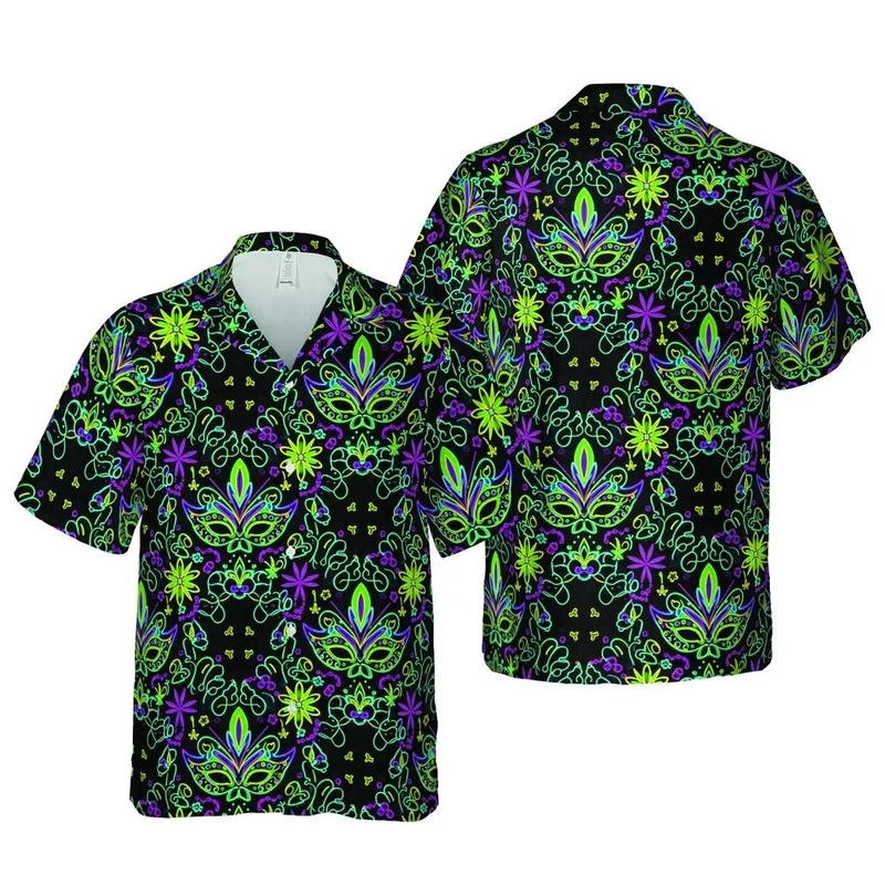 Neon Mardi Gras Mask Feathers Beads Fleur-de-lis Starburst Tropical Sublimation Image Short-sleeve Hawaiian Shirt - 1