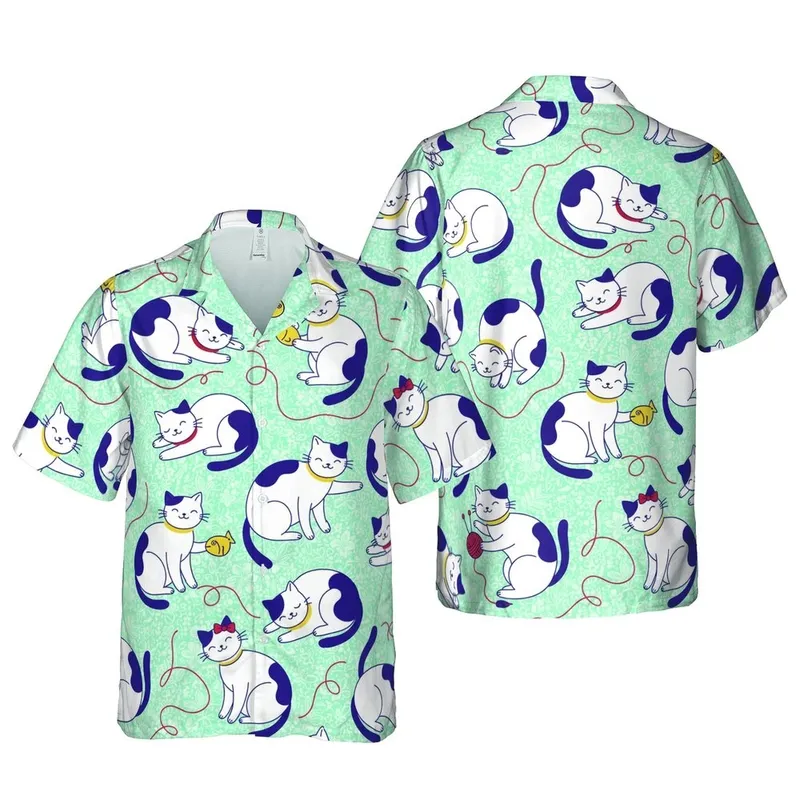 White Cats Indigo Patches, Red Yarn, Yellow Fish Toy, Aqua-Mint Speckled Tile Short-sleeve Hawaiian Shirt - 1