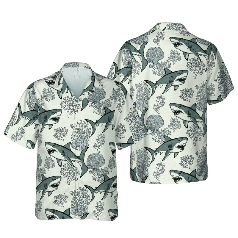 Great White Shark Coral Monochromatic High Contrast Full Coverage Tropical Textile Design Short-sleeve Hawaiian Shirt - 1
