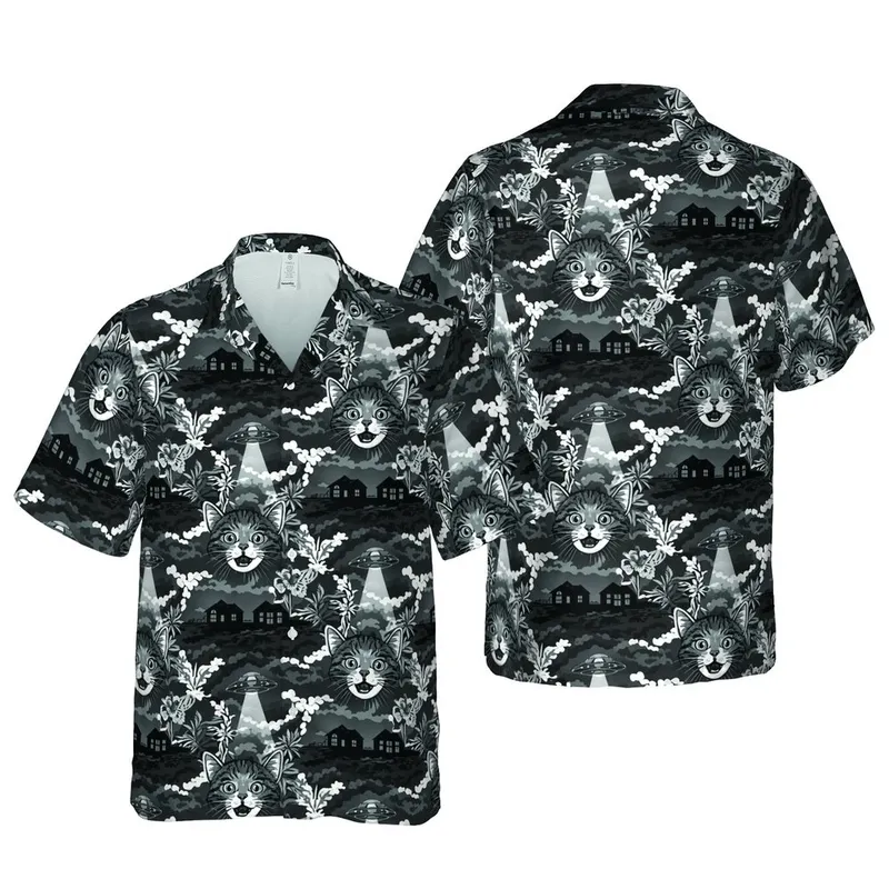 Startled Tabby Cat UFO Beams Rural Landscape Overcast Sky Botanical Foliage Short-sleeve Hawaiian Shirt - 1