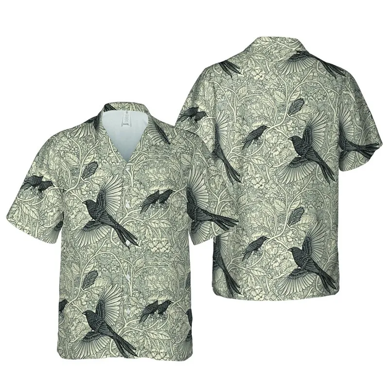 Fine Line Engraving Blackbird Tropical Botanical Pattern Black Cream High Contrast Art Short-sleeve Hawaiian Shirt - 1