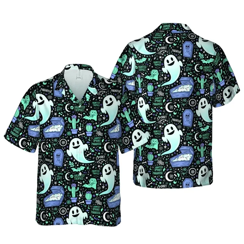 Grinning Ghosts Cacti Bats Coffins Gravestones Moons Bones Stars Black Cyan Lavender White Short-sleeve Hawaiian Shirt - 1