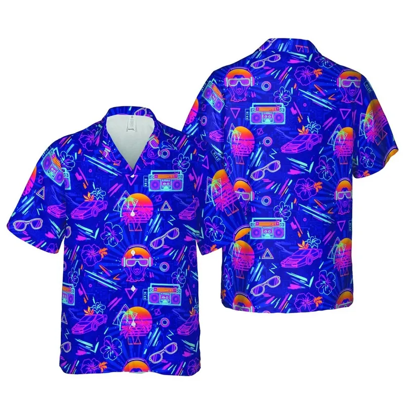 Dachshund Dogs Neon Hawaiian Sunset: Boombox Palm Tree Sports Car Geometric Grid Short-sleeve Hawaiian Shirt - 1