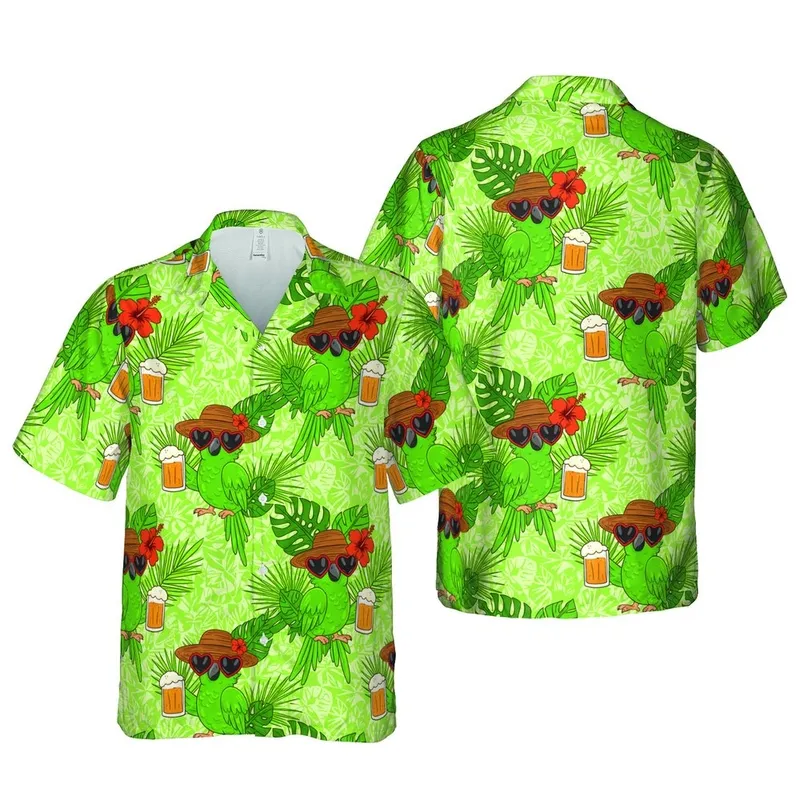 Green Parrots Straw Hats Heart Sunglasses Beer Hibiscus Tropical Seamless Pattern Short-sleeve Hawaiian Shirt - 1