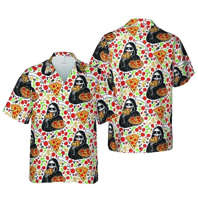 Grim Reaper Pizza Slice Tropical Pattern: Topping Mosaic Design - Black White Red Green Short-sleeve Hawaiian Shirt - 1