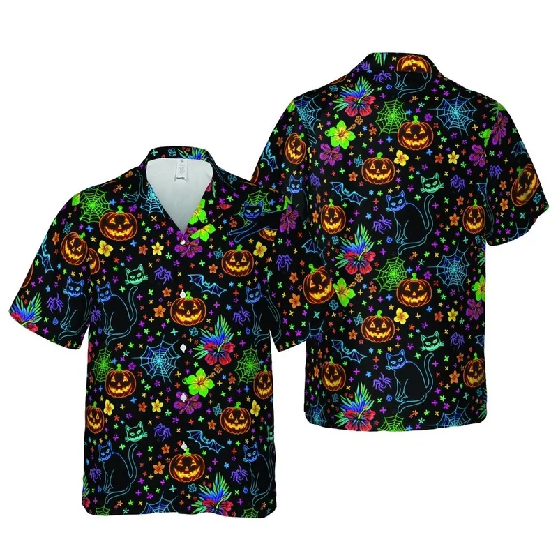 Glowing Neon Outline Black Cats Jack-O'-Lanterns Hawaiian Spiderweb Star Cross Pattern Short-sleeve Hawaiian Shirt - 1