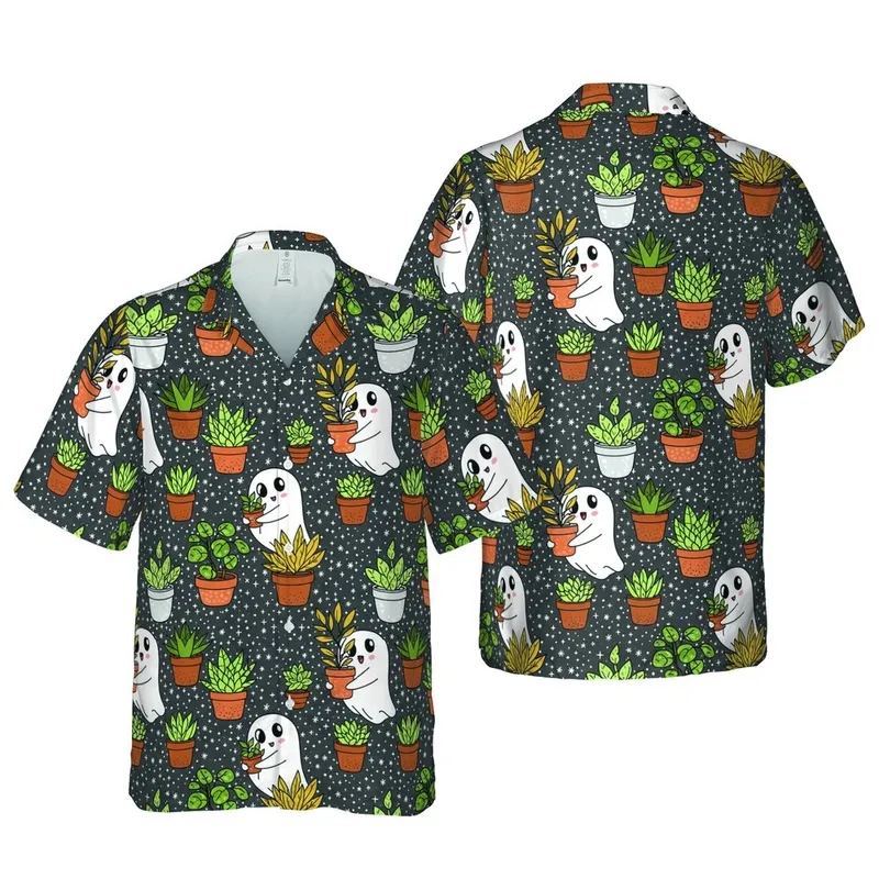 Potted Succulent Ghosts Tropical Print: Charcoal Star & Cross Mosaic Botanical Short-sleeve Hawaiian Shirt - 1