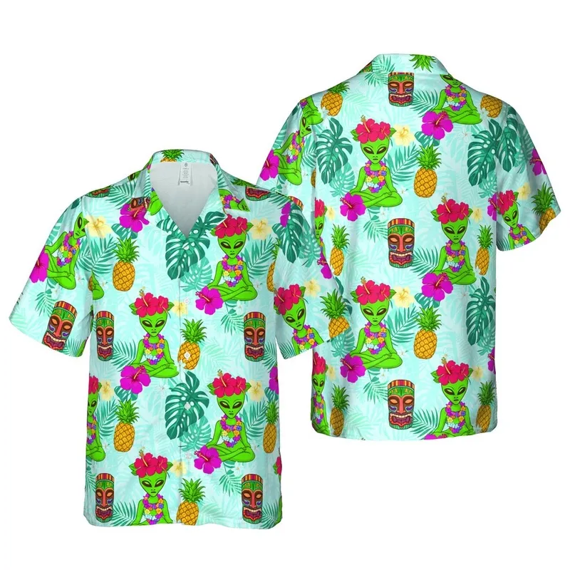 Meditating Green Alien Lotus Pose Tiki Mask Hawaiian Tropical Seamless Print Short-sleeve Hawaiian Shirt - 1
