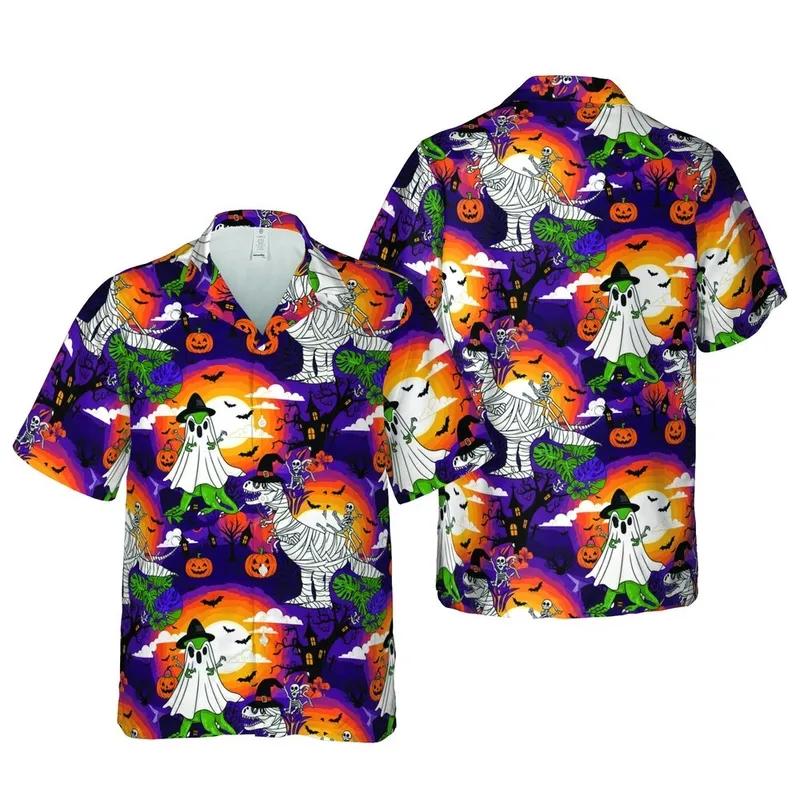 Halloween Dinosaur Tropical: T-Rex Ghosts, Jack-o'-Lanterns, Haunted Mansion Sky Short-sleeve Hawaiian Shirt - 1