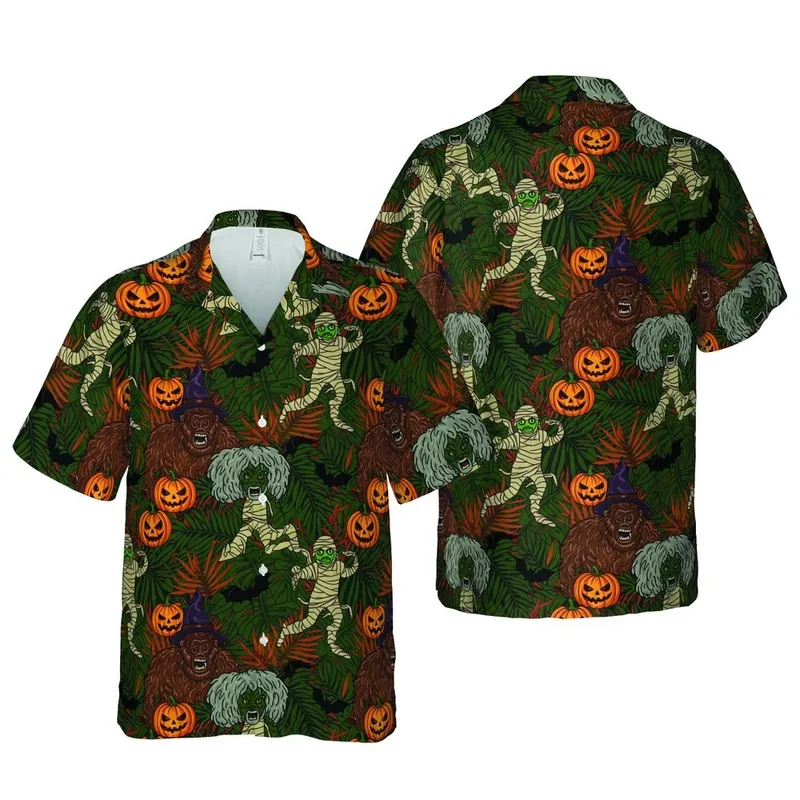 Scary Bigfoot Mummy Witch Hat Tropical Foliage Jack-O-Lantern Bat Edge-to-Edge Design Short-sleeve Hawaiian Shirt - 1