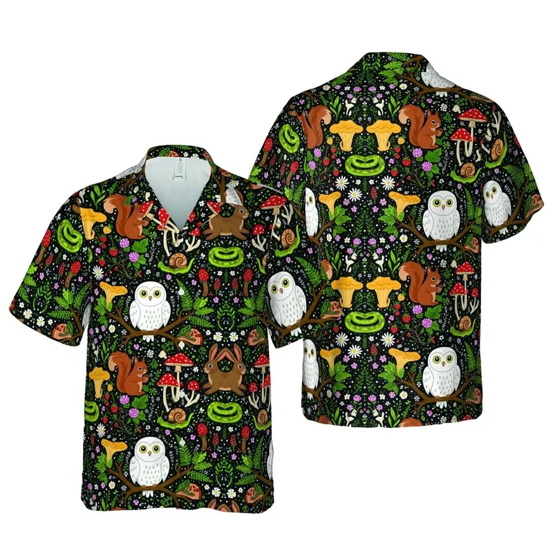 Hawaiian Woodland Owls Squirrels Rabbits Botanical Toadstool Fern Pattern Black Green White Short-sleeve Hawaiian Shirt - 1