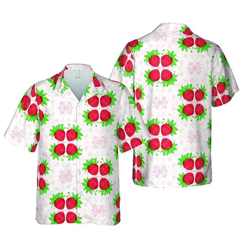 Hawaiian Strawberry Ribbon Bow Print: Red Berry, Green Calyx, Pink Speckles, Cream Mosaic Short-sleeve Hawaiian Shirt - 1