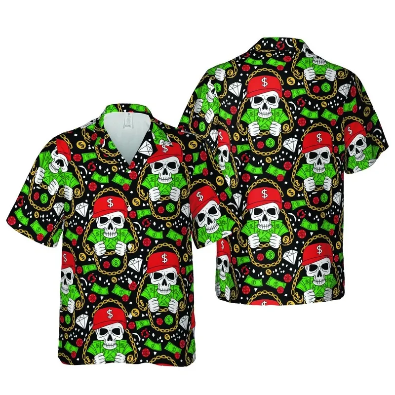 Hawaiian Cartoon Skull Pattern: Dollar Cap, Gold Chains, Cash Bills, Chips Short-sleeve Hawaiian Shirt - 1
