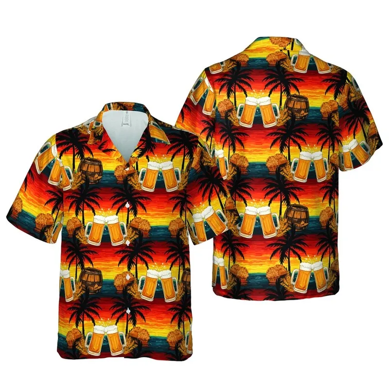 Craft Beer Sunset Pattern: Frothy Glasses, Wooden Barrels, Tropical Palm Design Short-sleeve Hawaiian Shirt - 1