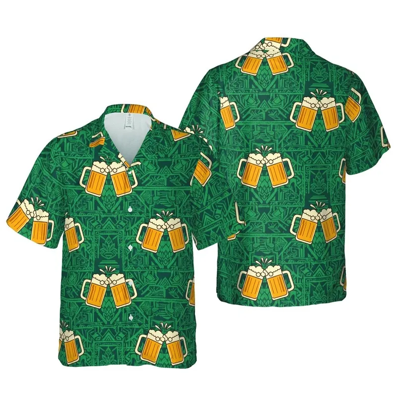 Beer Enthusiast Clinking Mugs Golden Froth Dark Brown Teal Botanical Mosaic Short-sleeve Hawaiian Shirt - 1