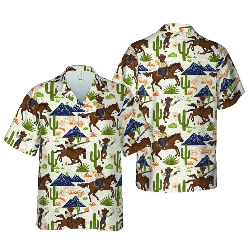 Cat Cowboy Riders Desert Hawaiian Pattern: Saguaro Cactus & Mountain Scenery Short-sleeve Hawaiian Shirt - 1