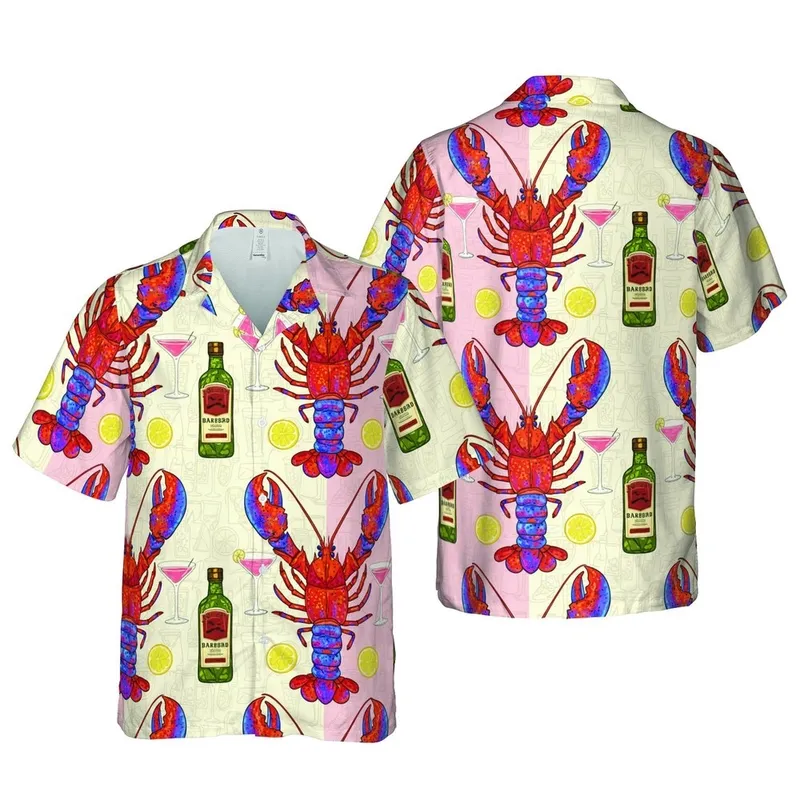 Hawaiian Iridescent Lobster Design: Pink Cocktail, Orange-Red Shells, Liquor Bottles Short-sleeve Hawaiian Shirt - 1