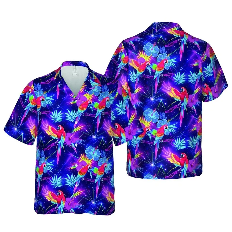 Neon Macaw Parrot Glowing Hibiscus Celestial Laser Grid Deep Indigo Violet Night Scene Short-sleeve Hawaiian Shirt - 1