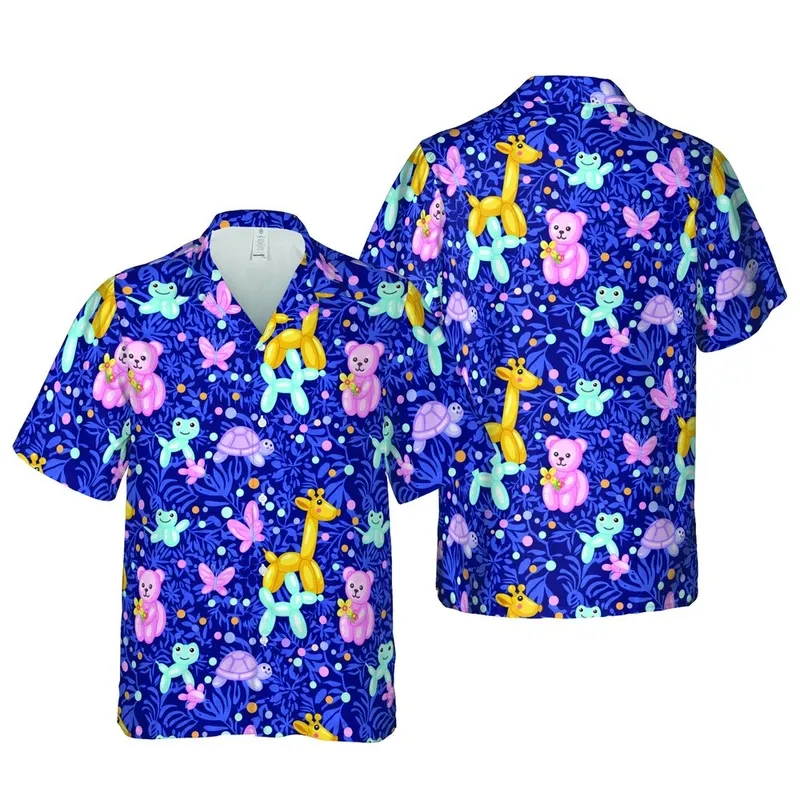 Navy Botanical Hawaiian Artwork: Shiny Balloon Dogs, Giraffes, Bunnies, Frogs Short-sleeve Hawaiian Shirt - 1