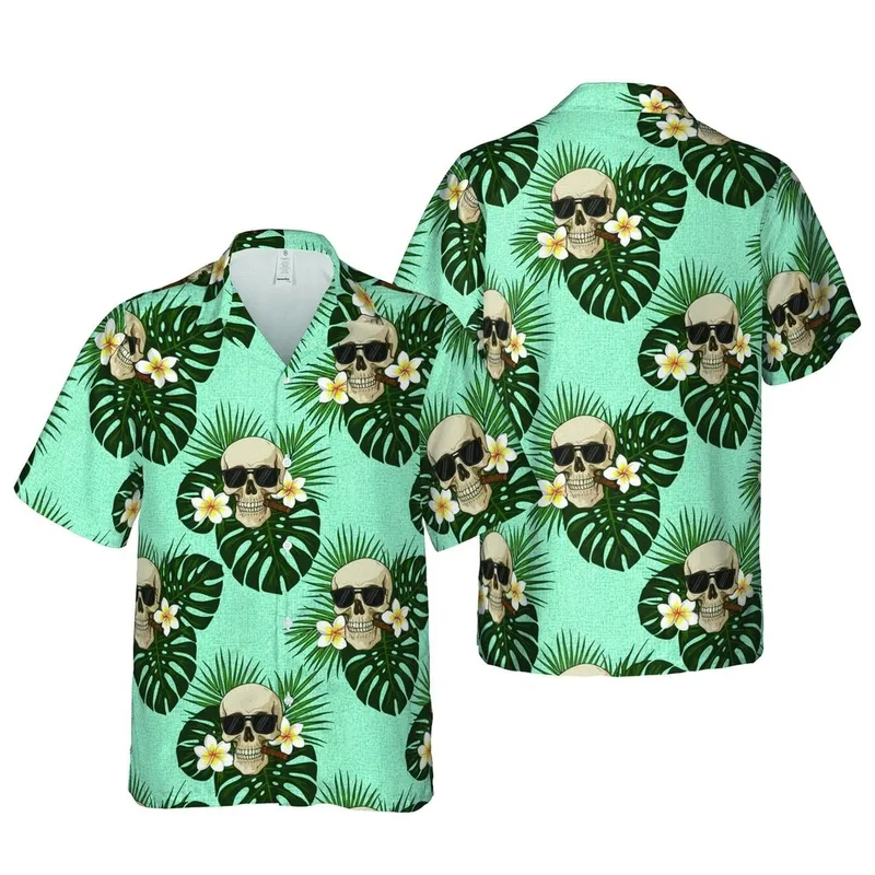 Skull, Sunglasses & Cigar Pattern with Monstera, Palm Leaves, Plumeria, Teal Mosaic Short-sleeve Hawaiian Shirt - 1