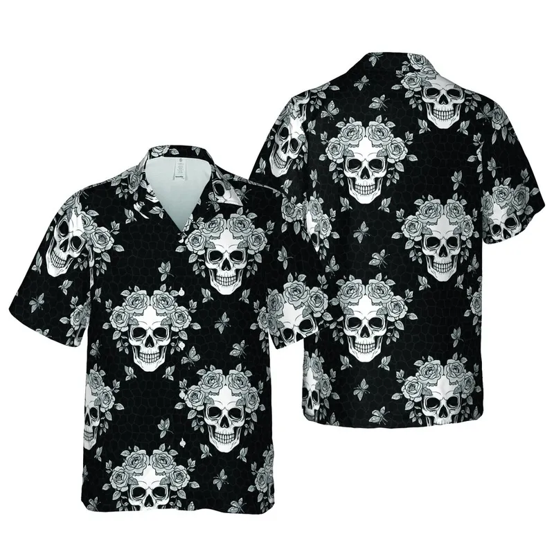 Hawaiian Skull Rose Butterfly Pattern: High Contrast Intricate Black White Gray Motif Short-sleeve Hawaiian Shirt - 1