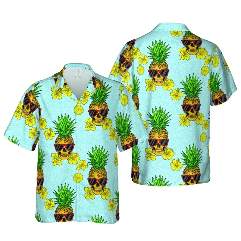 Golden Skull Pineapple Red Sunglasses Tropical Flowers Sliced Lemon Sky Blue Mosaic Short-sleeve Hawaiian Shirt - 1