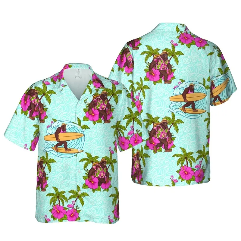 Bigfoot Tropical Hawaiian Scene: Sasquatch Surfing Ocean Wave Hibiscus Flamingo Palm Short-sleeve Hawaiian Shirt - 1
