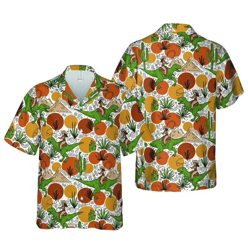 Cowgirl T-Rex Riders Galloping Lasso Green T-Rex Desert Cactus Orange Sun Artwork Short-sleeve Hawaiian Shirt - 1