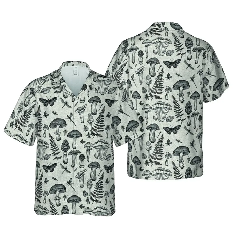 High Contrast Diverse Fungi & Fern: Morel Mushroom, Butterfly Hawaiian Textile Short-sleeve Hawaiian Shirt - 1