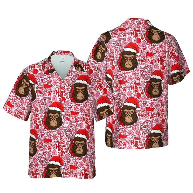 Golfer Gorilla Santa Hat Golf Bag Candy Cane Snowflake Ho Ho Ho Tropical Print Short-sleeve Hawaiian Shirt - 1