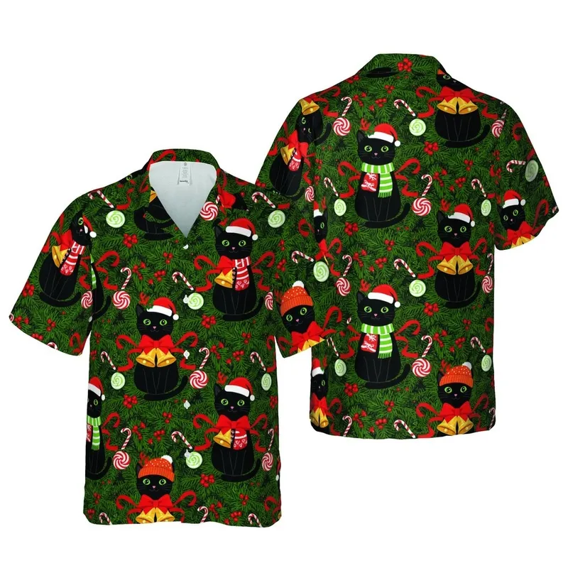 Black Cat Christmas Hawaiian Pattern: Santa Hat Reindeer Feline Holly Ribbons Candy Cane Bells Short-sleeve Hawaiian Shirt - 1