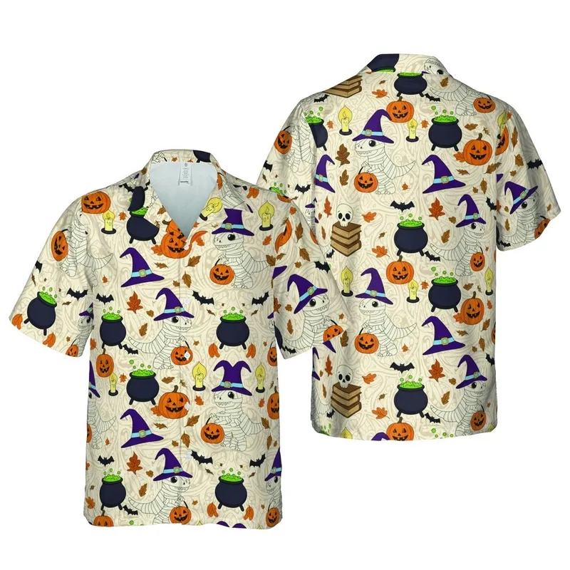 Mummy T-Rex Witch Hat Halloween Pattern: Hawaiian Skull Jack-O'-Lantern Beige Design Short-sleeve Hawaiian Shirt - 1