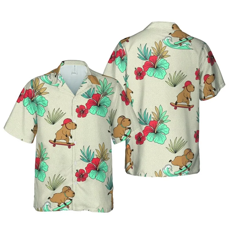 Skateboarding Capybara Hawaiian Pattern: Helmeted Capybaras Tropical Sublimation Design Short-sleeve Hawaiian Shirt - 1