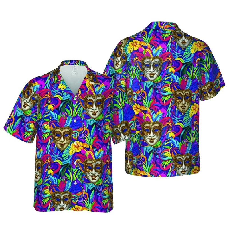 Venetian Masks Gold Silver Jester Hawaiian Feathered Ribbon Brushstroke Textile Short-sleeve Hawaiian Shirt - 1