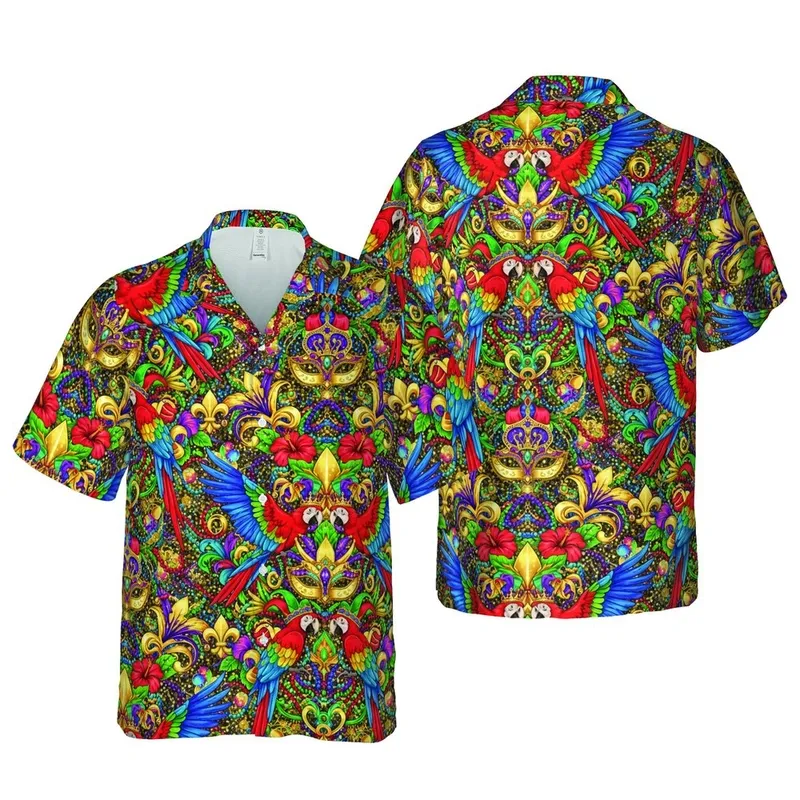 Macaw Jester Crown Masquerade Mask Golden Fleur-de-lis Glitter Red Blue Green Purple Pattern Short-sleeve Hawaiian Shirt - 1