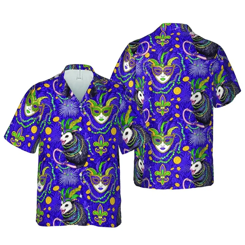Opossum Mardi Gras Feather Mask Bead Doubloon Fleur-de-Lis Purple Gold Green Design Short-sleeve Hawaiian Shirt - 1