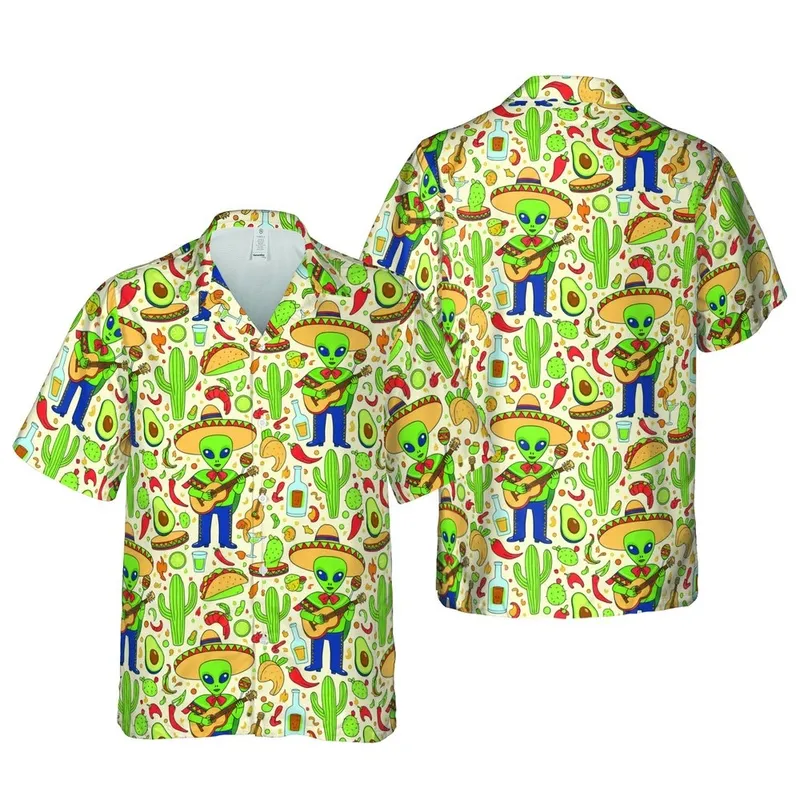 Green Alien Hawaiian Pattern with Sombrero, Mariachi, Cactus & Taco Elements Short-sleeve Hawaiian Shirt - 1