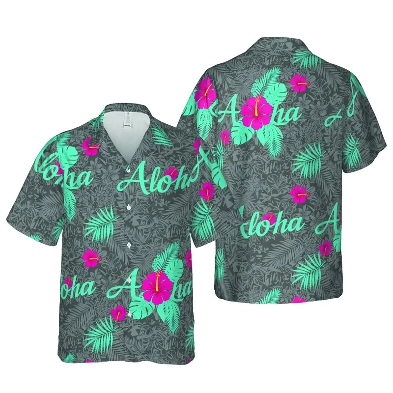 Hot Pink Hibiscus Aloha: Teal Script, Charcoal Tropical Leaves, Hawaiian Waves Short-sleeve Hawaiian Shirt - 1