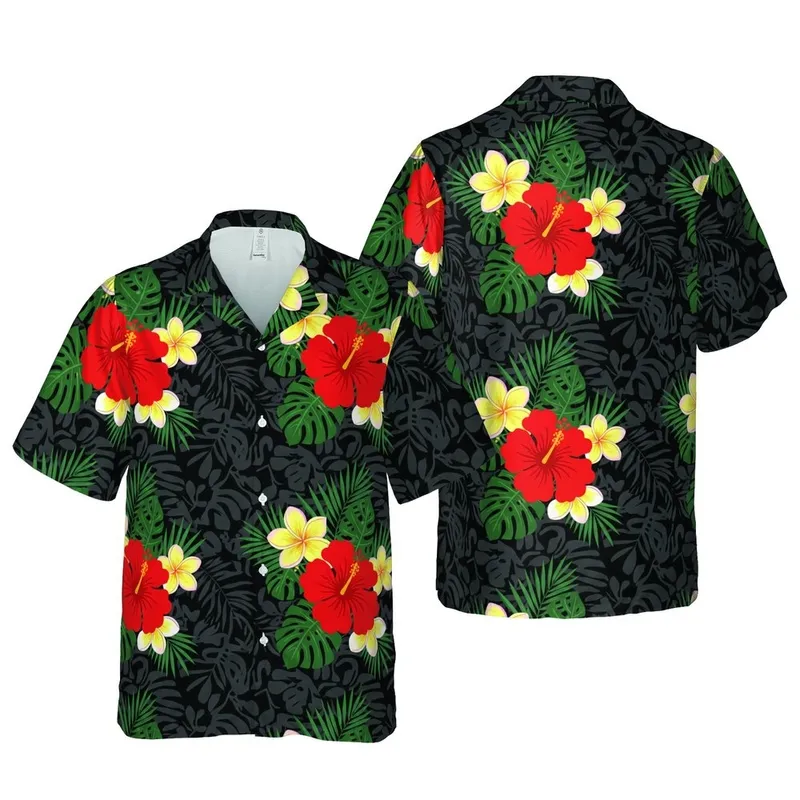 Hawaiian Red Hibiscus Yellow Plumeria Dark Green Palm Frond Charcoal Black Leaf Pattern Short-sleeve Hawaiian Shirt - 1