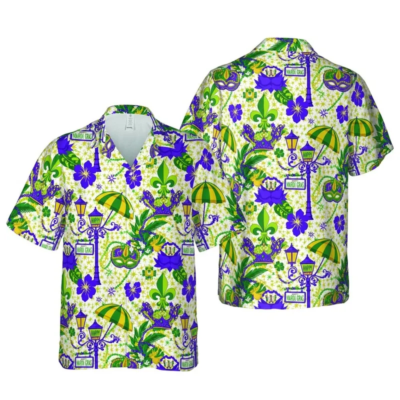 Mardi Gras Hawaiian Print: Purple Green Gold Fleur-de-lis Crowns Masks Lamps & Beads Short-sleeve Hawaiian Shirt - 1