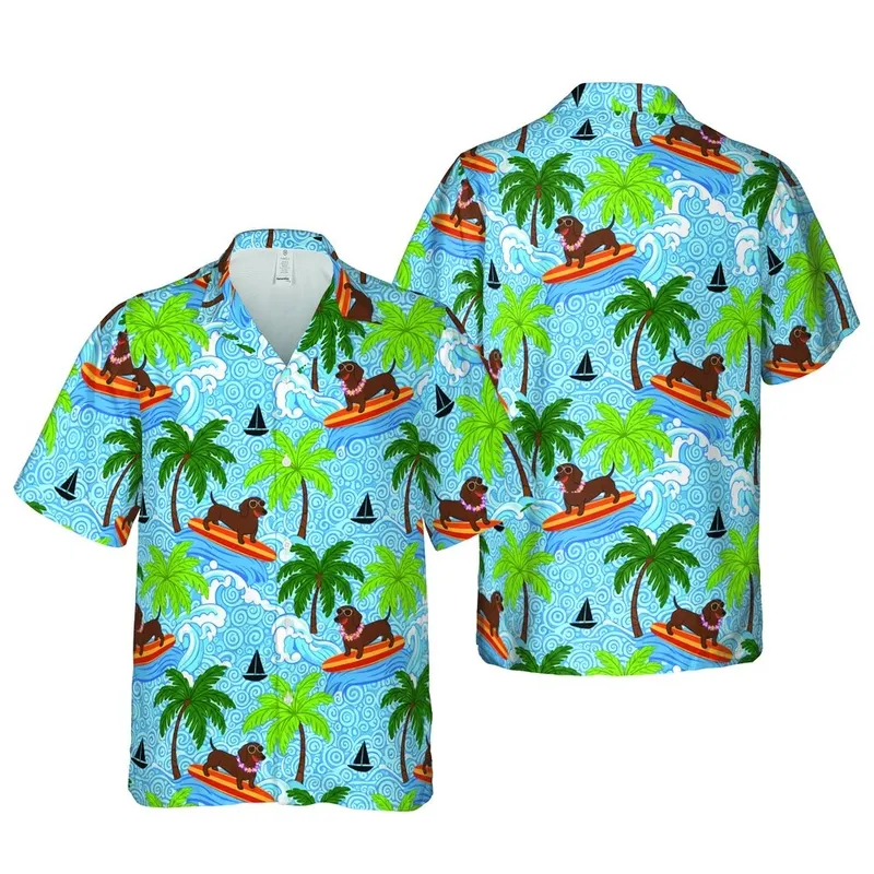 Dachshund Dogs Surf Hawaiian Ocean Waves Design with Tropical Palms & Sailboats Short-sleeve Hawaiian Shirt - 1