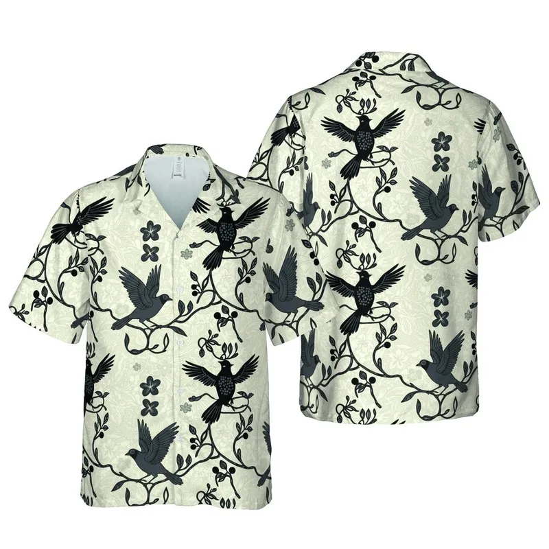 Blackbird Tropical Hawaiian Textile Print: Perched, Flying Birds, Intricate Branches Short-sleeve Hawaiian Shirt - 1