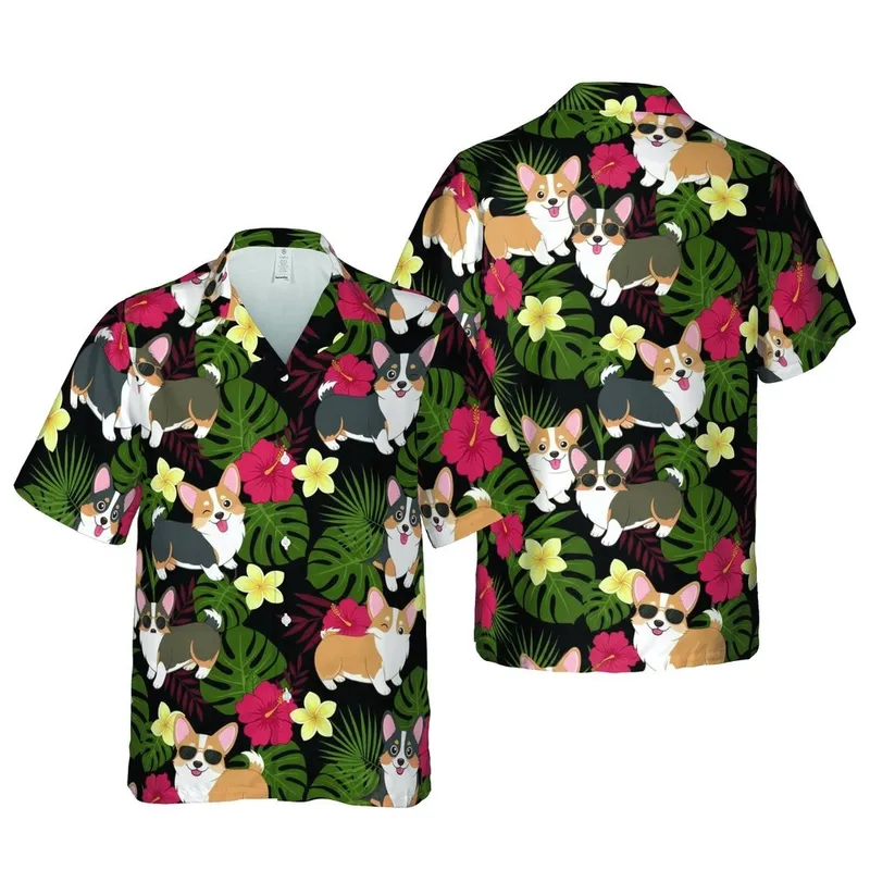 Tri-Color Sable Corgi Hawaiian Pattern: Tropical Flowers, Black Botanical Leaves Design Short-sleeve Hawaiian Shirt - 1